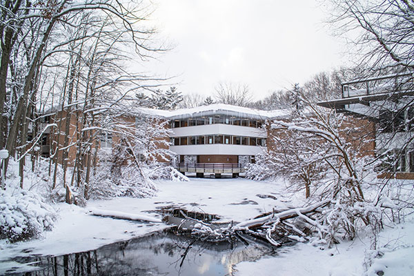 Muskegon community college building covered in snow